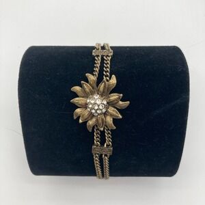 Vintage Fossil Sunflower Multi Chain Bracelet Antique Gold Tone Rhinestone Y2K